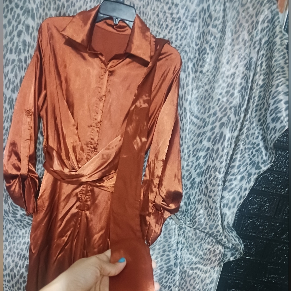 Women Bronzer Orange Color Butyon Down Wrap Jumpsuit - Picture 13 of 14